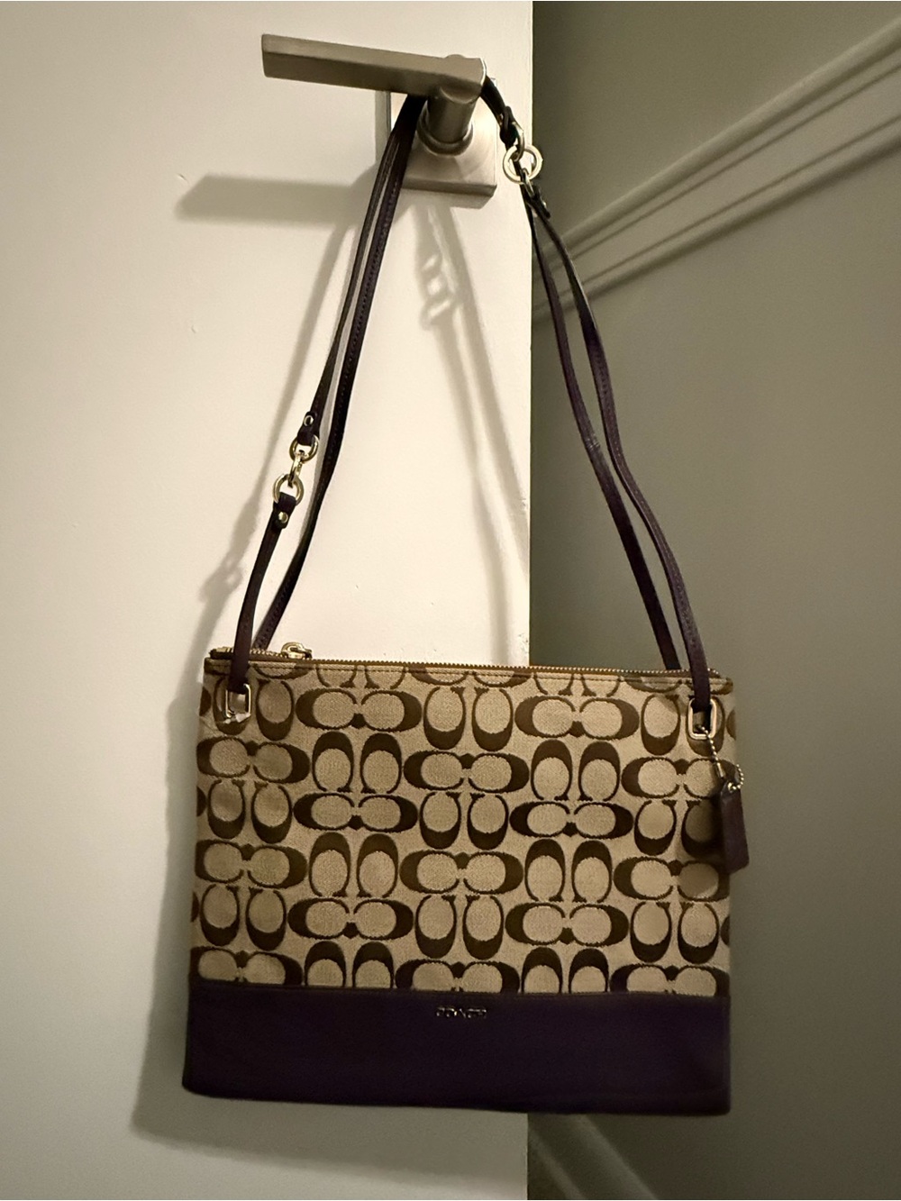 Coach Signature Khaki Jacquard Crossbody Bag with Violet Leather Accents NWT